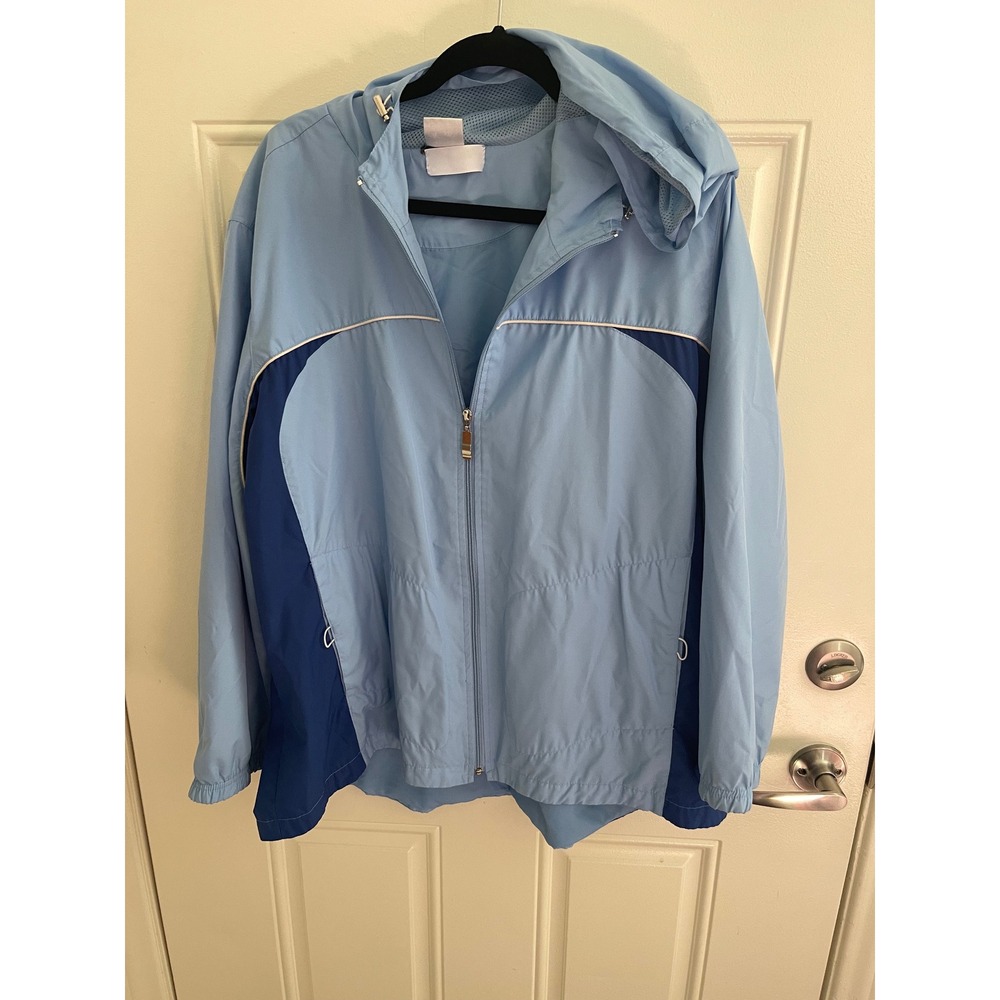 Just My Size Womens Blue Colorblock Full Zip Hooded Windbreaker Jacket